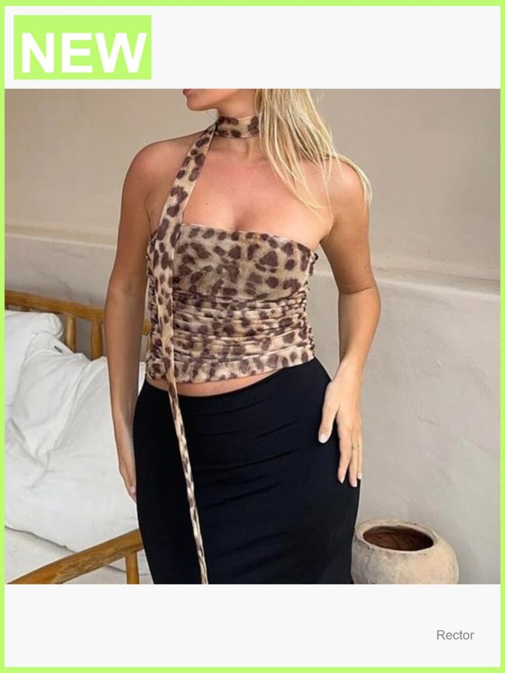 Leopard Print Tube Top Ruched Strapless Mesh Halter Crop Top Party - Picture 3 of 7